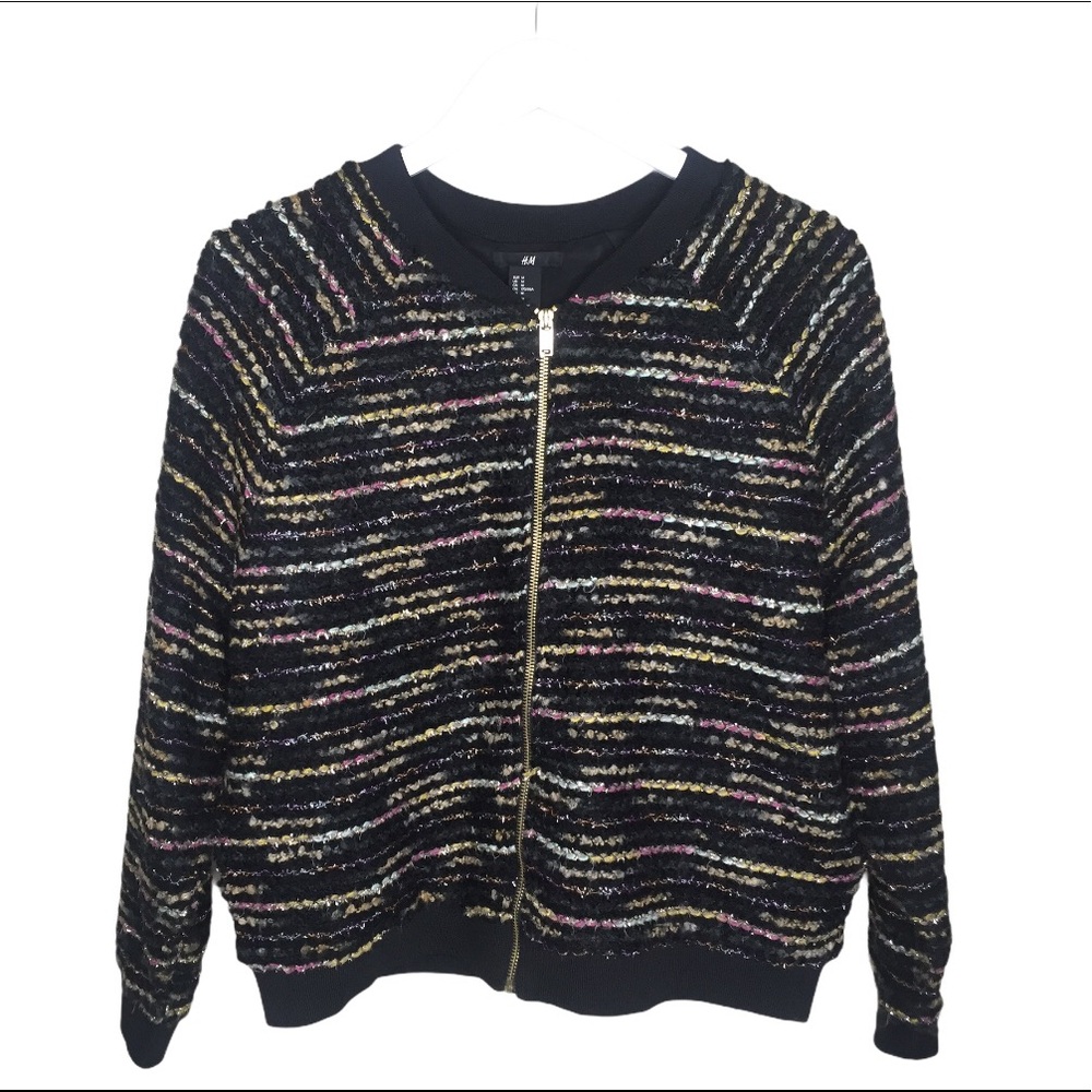 H&M Black Metallic Stitch Zip Front Raglan Knit Bomber Jacket Medium